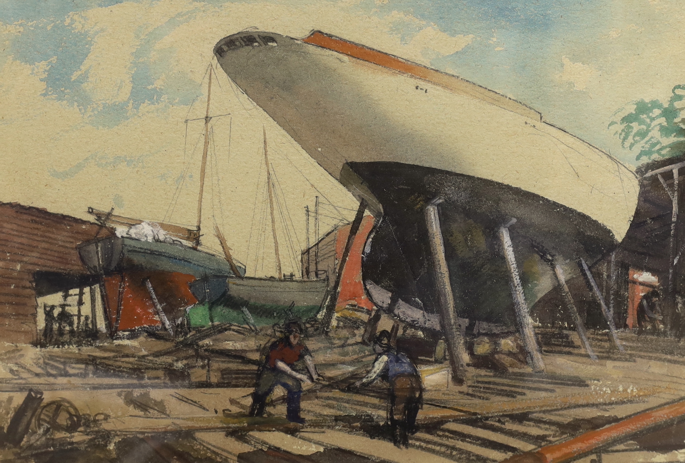 William Dring R.A (1904-1990), watercolour, 'The Boatyard', (possibly 'Firebird' CE Nicholson design), label verso, unsigned, 25 x 34cm